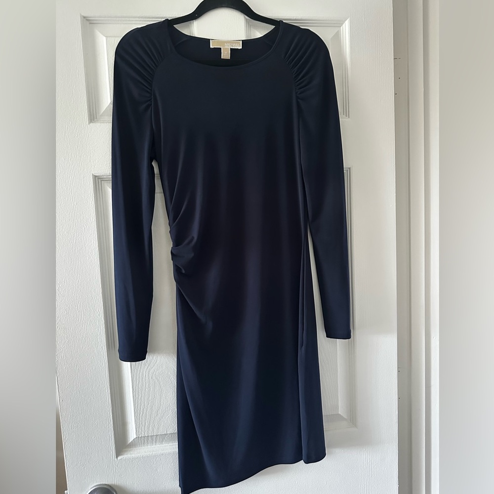 Michael Kors Elegant Navy Long Sleeve Asymmetrical Ruched Sheath Dress